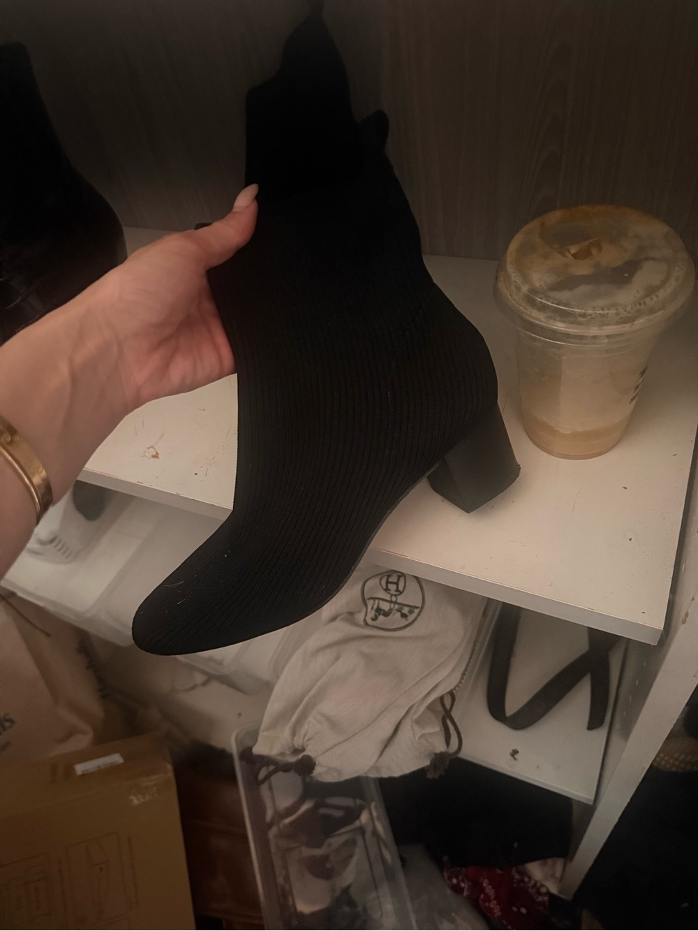 Black Knit Sock Booties with Block Heel - Women
